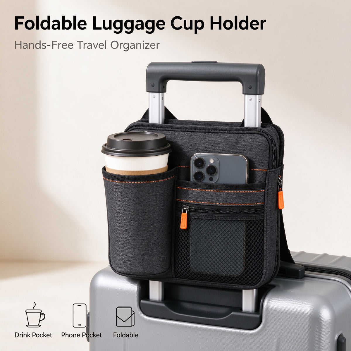 🥤✨ SWEEIM Foldable Luggage Cup Holder | Hands-Free Drink & Small-Item Organizer for Suitcase Handles | Multi-Pocket Travel Storage Design | Compact Foldable & Easy to Attach | Ideal for Airports, Train Stations & Busy Travelers