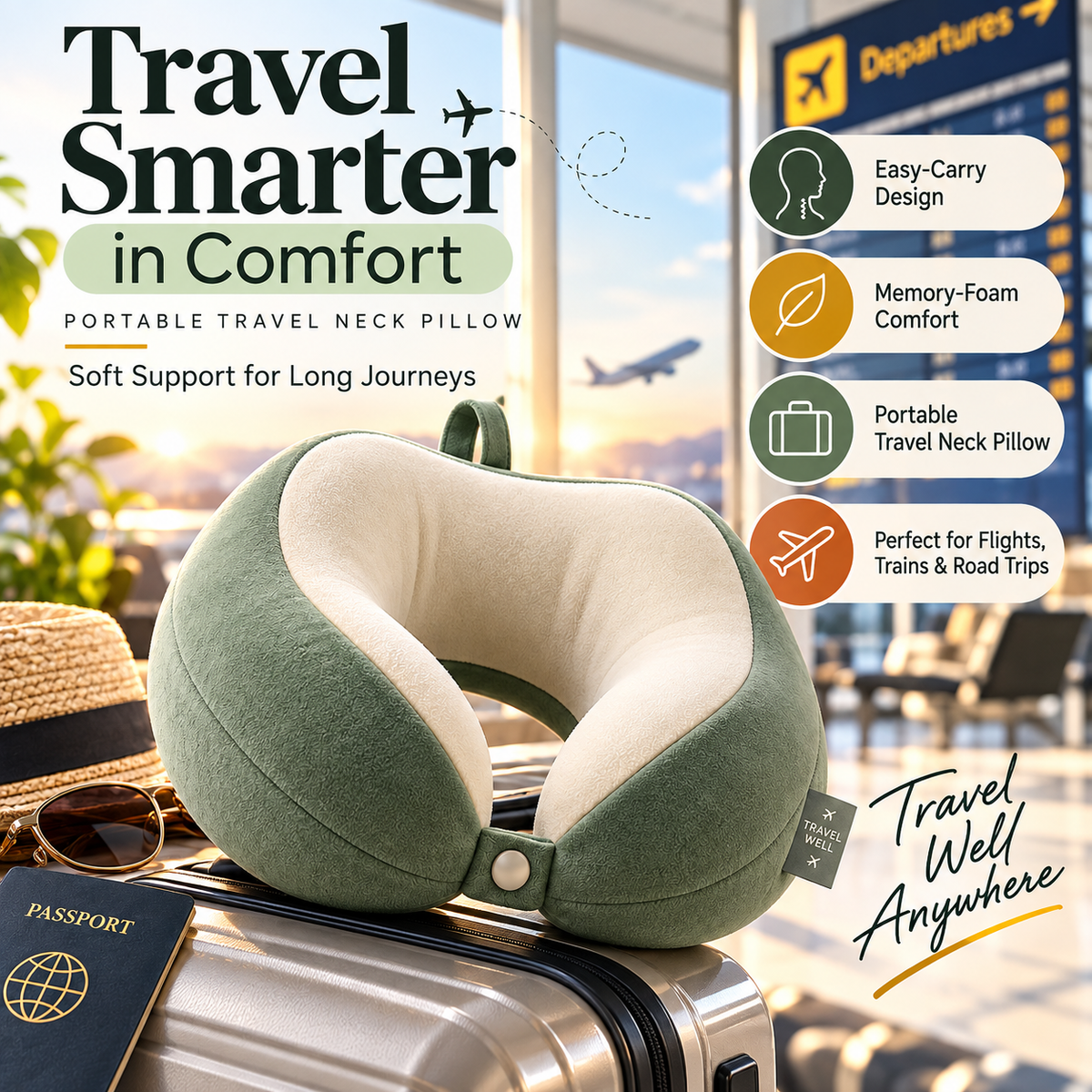 ✈️✨ SWEEIM Ergonomic Travel Neck Pillow | Soft Support for Head, Neck & Shoulder Comfort | Lightweight Memory-Foam Design for Long Journeys | Easy-Carry Travel Companion | Ideal for Flights, Trains, Road Trips & Daily Commuting