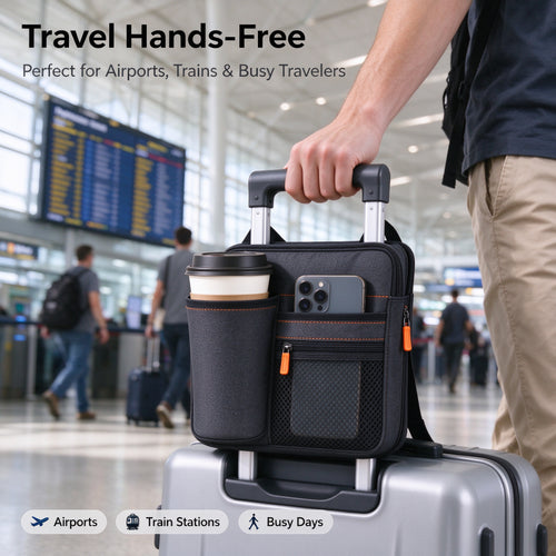 🥤✨ SWEEIM Foldable Luggage Cup Holder | Hands-Free Drink & Small-Item Organizer for Suitcase Handles | Multi-Pocket Travel Storage Design | Compact Foldable & Easy to Attach | Ideal for Airports, Train Stations & Busy Travelers