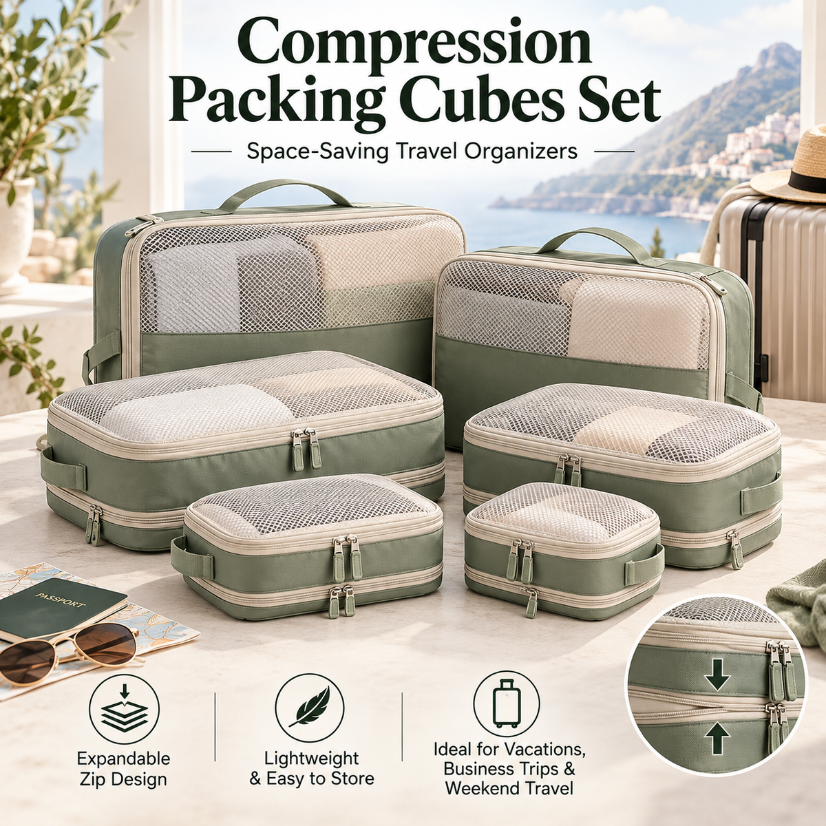 🧳✨ SWEEIM Compression Packing Cubes Set | Space-Saving Travel Organizers for Clothes & Essentials | Expandable Zip Design for Neat Luggage Packing | Lightweight & Easy to Store | Ideal for Vacations, Business Trips & Weekend Travel