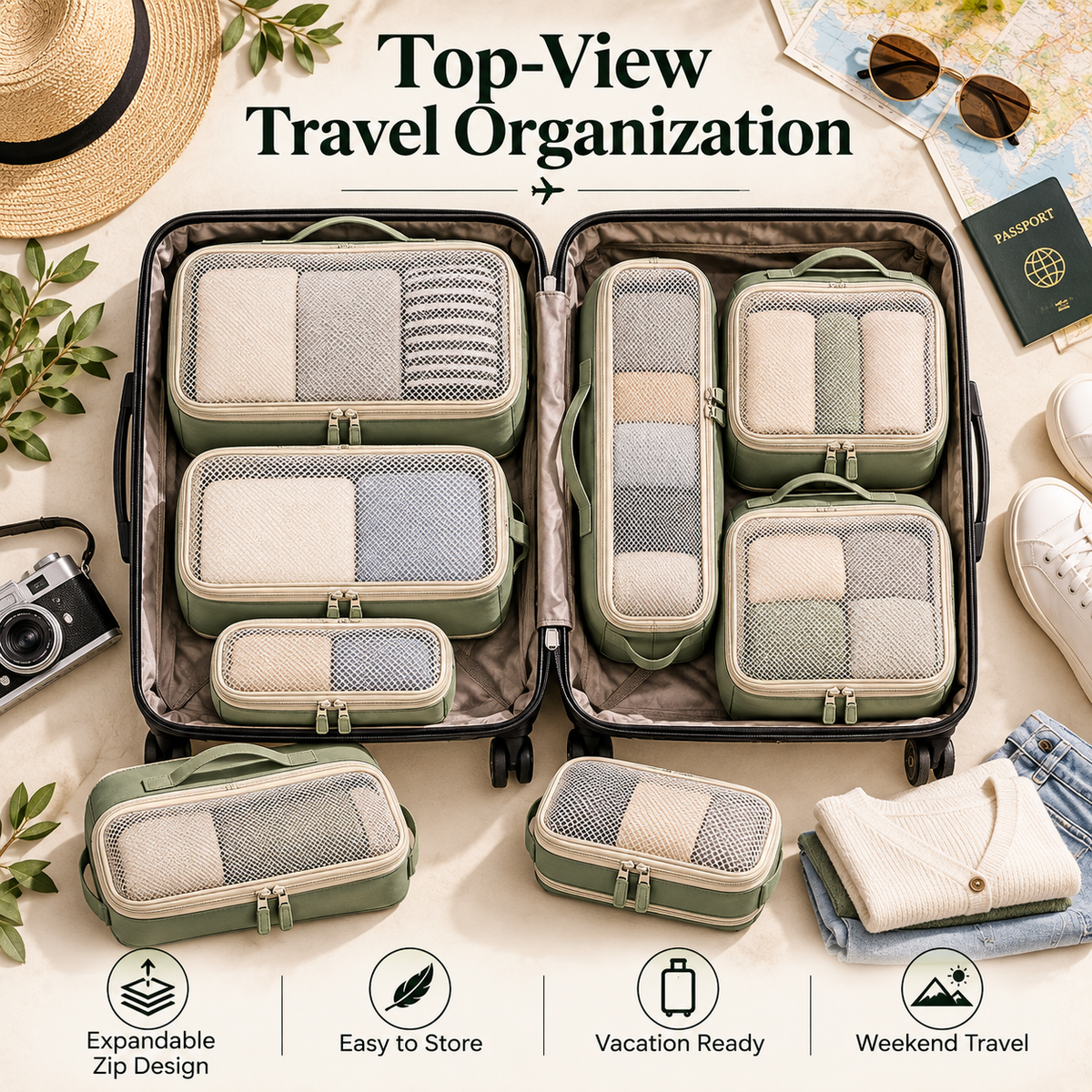 🧳✨ SWEEIM Compression Packing Cubes Set | Space-Saving Travel Organizers for Clothes & Essentials | Expandable Zip Design for Neat Luggage Packing | Lightweight & Easy to Store | Ideal for Vacations, Business Trips & Weekend Travel