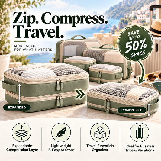 🧳✨ SWEEIM Compression Packing Cubes Set | Space-Saving Travel Organizers for Clothes & Essentials | Expandable Zip Design for Neat Luggage Packing | Lightweight & Easy to Store | Ideal for Vacations, Business Trips & Weekend Travel