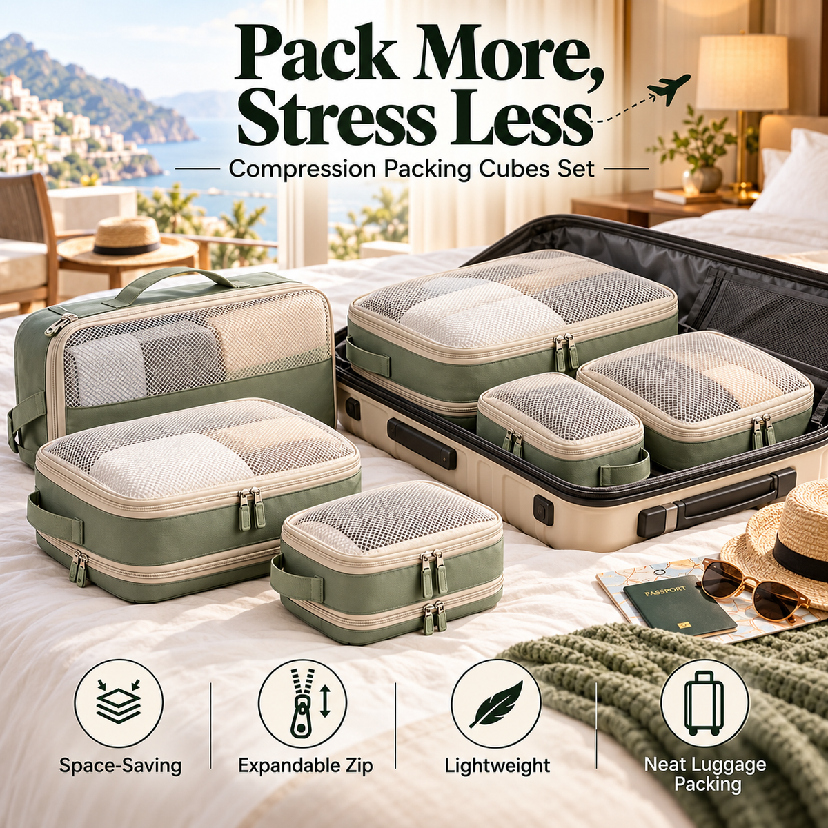 🧳✨ SWEEIM Compression Packing Cubes Set | Space-Saving Travel Organizers for Clothes & Essentials | Expandable Zip Design for Neat Luggage Packing | Lightweight & Easy to Store | Ideal for Vacations, Business Trips & Weekend Travel