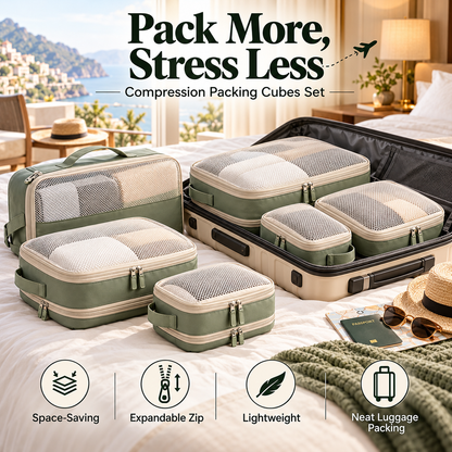 🧳✨ SWEEIM Compression Packing Cubes Set | Space-Saving Travel Organizers for Clothes & Essentials | Expandable Zip Design for Neat Luggage Packing | Lightweight & Easy to Store | Ideal for Vacations, Business Trips & Weekend Travel