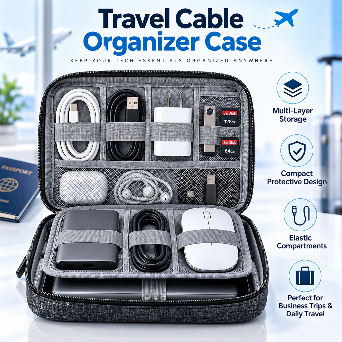 🔌✨ SWEEIM Travel Cable Organizer Case | Multi-Layer Storage for Chargers, Cables & Small Electronics | Compact Protective Design with Elastic Compartments | Keeps Tech Accessories Neat & Easy to Find | Perfect for Business Trips & Daily Travel