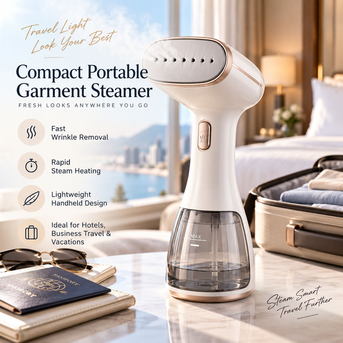 👔✨ SWEEIM Compact Portable Garment Steamer | Fast Wrinkle Removal for Clothes on the Go | Lightweight Handheld Design with Rapid Steam Heating | Easy to Pack & Simple to Use | Ideal for Hotels, Business Travel & Vacations