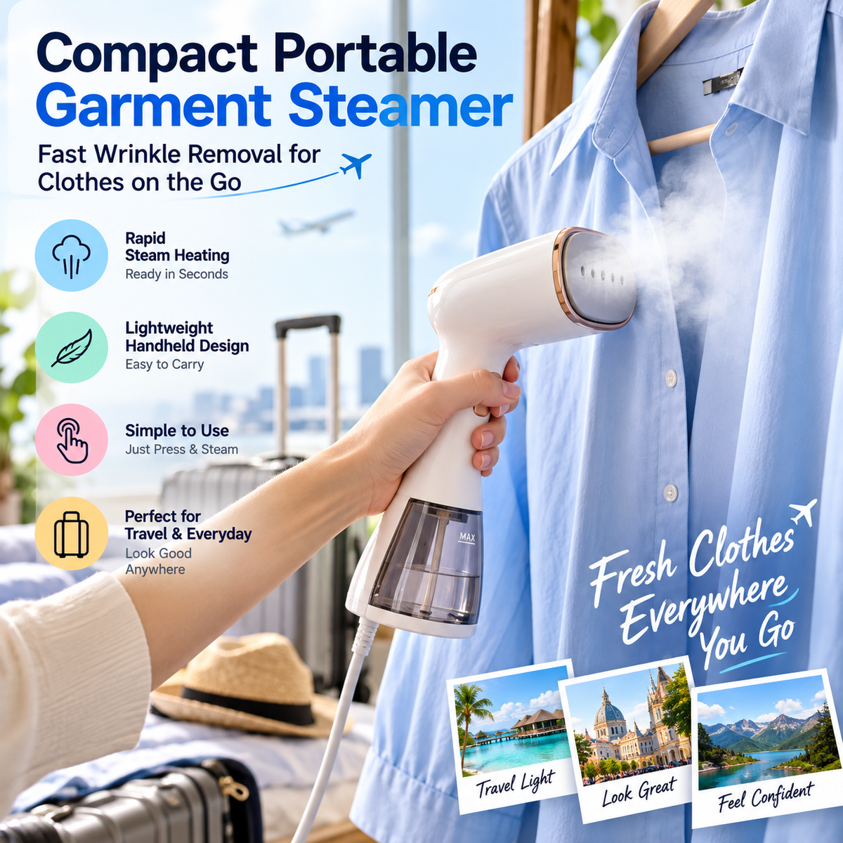 👔✨ SWEEIM Compact Portable Garment Steamer | Fast Wrinkle Removal for Clothes on the Go | Lightweight Handheld Design with Rapid Steam Heating | Easy to Pack & Simple to Use | Ideal for Hotels, Business Travel & Vacations