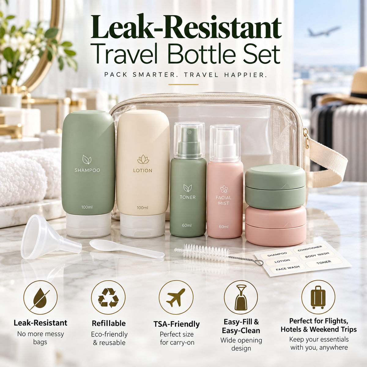 🧴✨ SWEEIM Leak-Resistant Travel Bottle Set | Refillable Containers for Shampoo, Lotion & Toiletries | Compact TSA-Friendly Design with Secure Caps | Easy-Fill & Easy-Clean Reusable Bottles | Perfect for Flights, Hotels & Weekend Trips