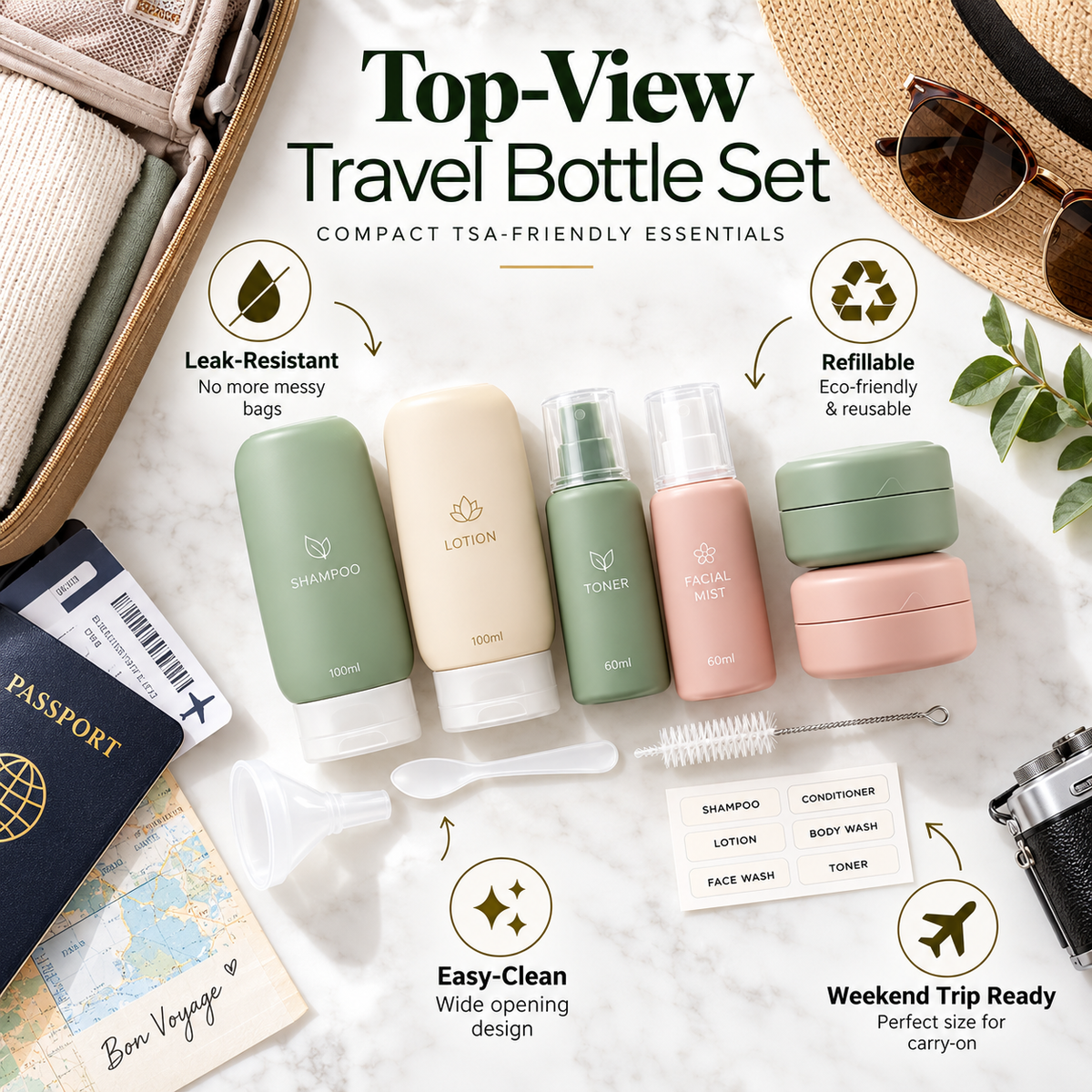 🧴✨ SWEEIM Leak-Resistant Travel Bottle Set | Refillable Containers for Shampoo, Lotion & Toiletries | Compact TSA-Friendly Design with Secure Caps | Easy-Fill & Easy-Clean Reusable Bottles | Perfect for Flights, Hotels & Weekend Trips