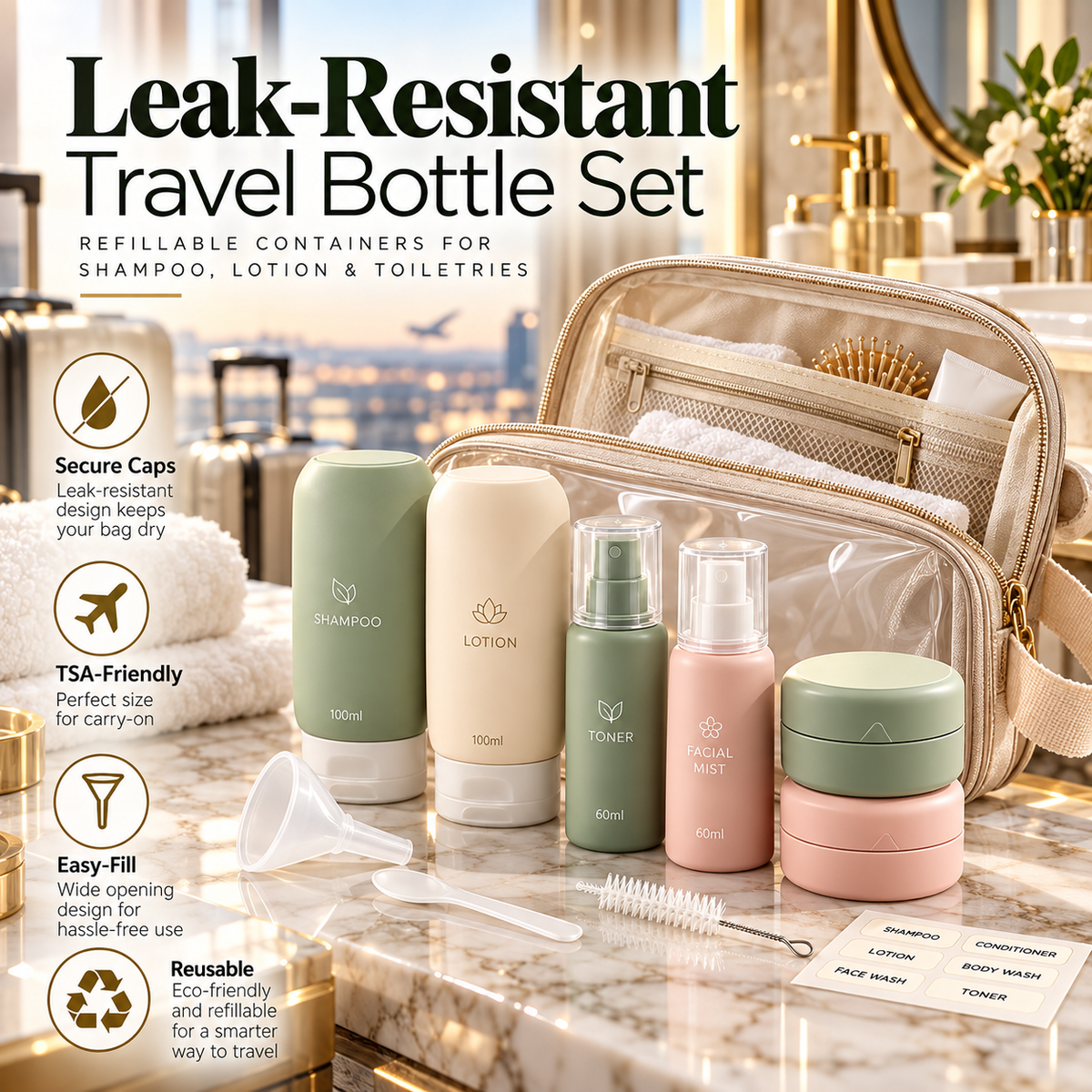 🧴✨ SWEEIM Leak-Resistant Travel Bottle Set | Refillable Containers for Shampoo, Lotion & Toiletries | Compact TSA-Friendly Design with Secure Caps | Easy-Fill & Easy-Clean Reusable Bottles | Perfect for Flights, Hotels & Weekend Trips