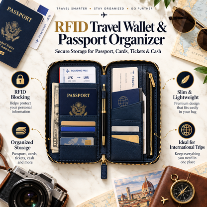 🛂✨ SWEEIM RFID Travel Wallet & Passport Organizer | Secure Storage for Passport, Cards, Tickets & Cash | Multi-Compartment Anti-Scan Design | Slim Lightweight Travel Document Holder | Ideal for International Trips & Airport Travel